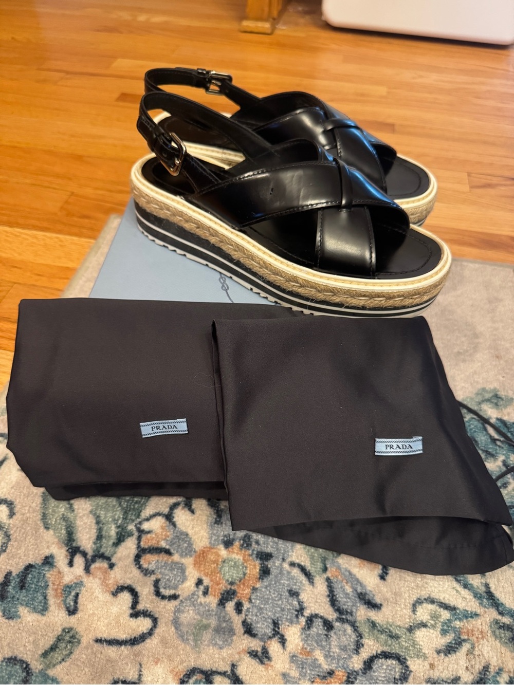 Prada Black Leather Espadrille Platform Sandals 39